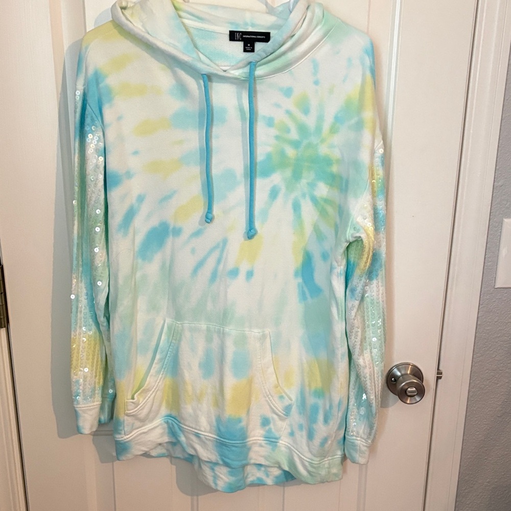 INC International Concepts Pastel Tie-Dye Hoodie in Aqua & Yellow - Picture 2 of 5